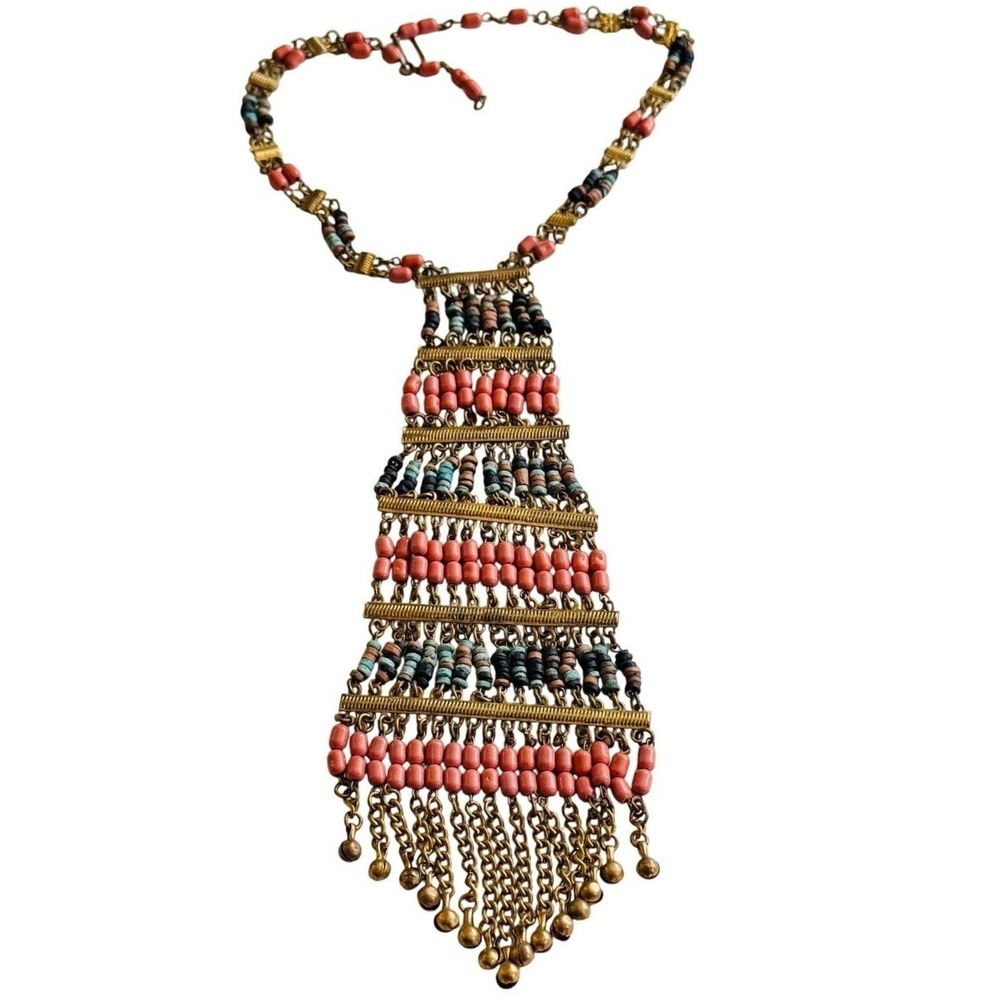 VTG Egyptian revival Necklace Art Deco Faience Brass BOHO Brass Statement Beaded